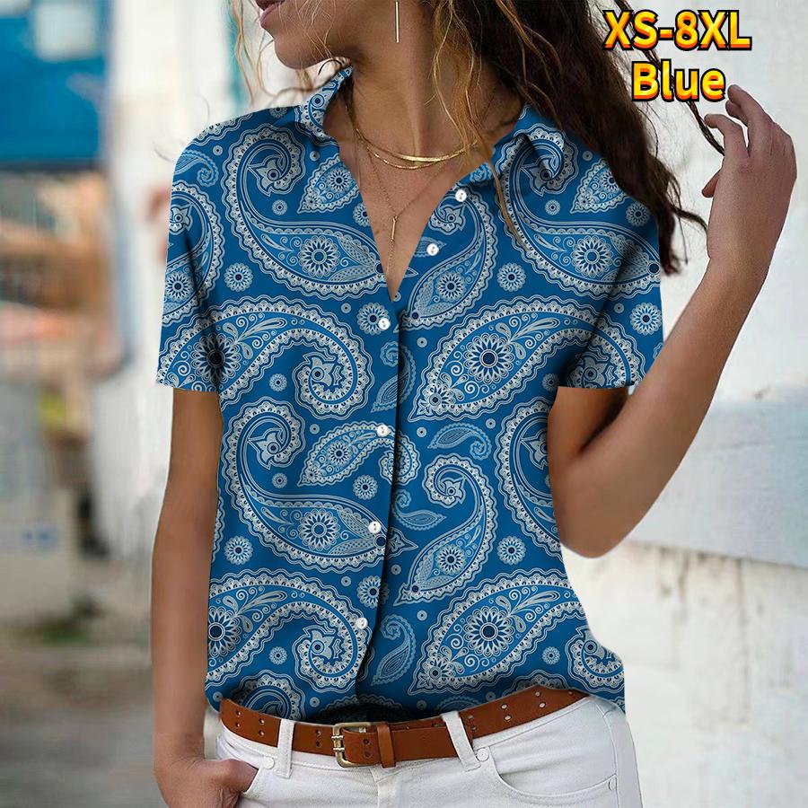 

2025 Summer New Fashion Women s Retro Printed Short Sleeve V-neck Casual Button-down Shirt Top XS синій