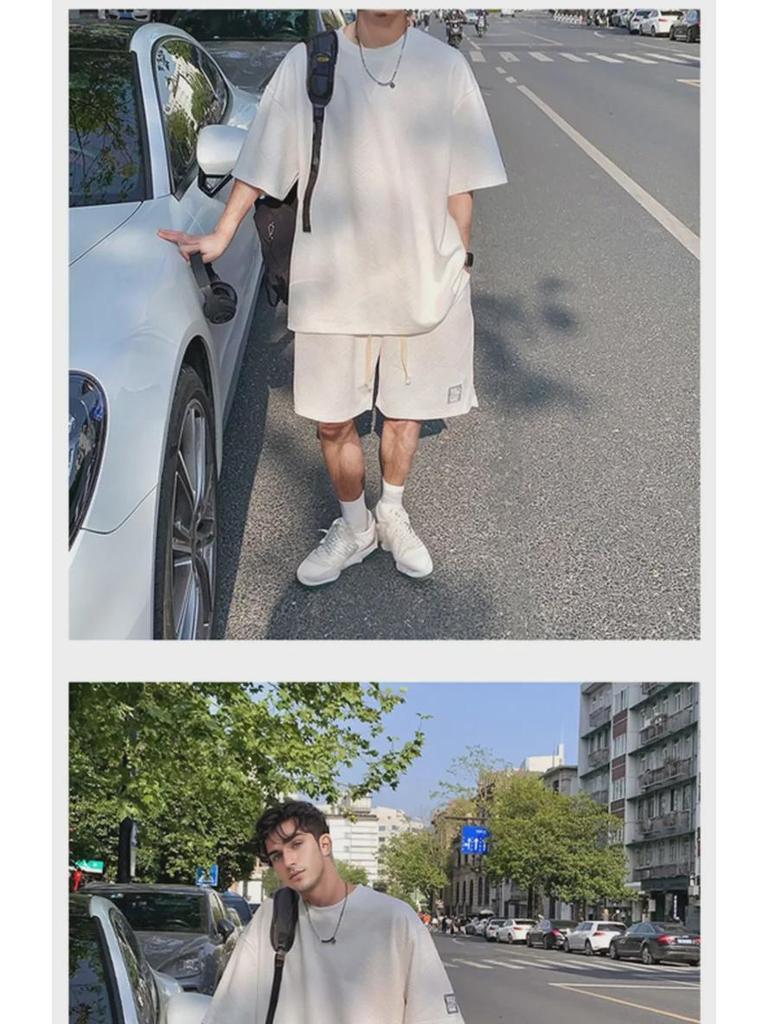 Hong Kong Style Waffle Men's Short-Sleeved Sports Casual Set: Loose T-Shirt and Trendy Shorts 2023.