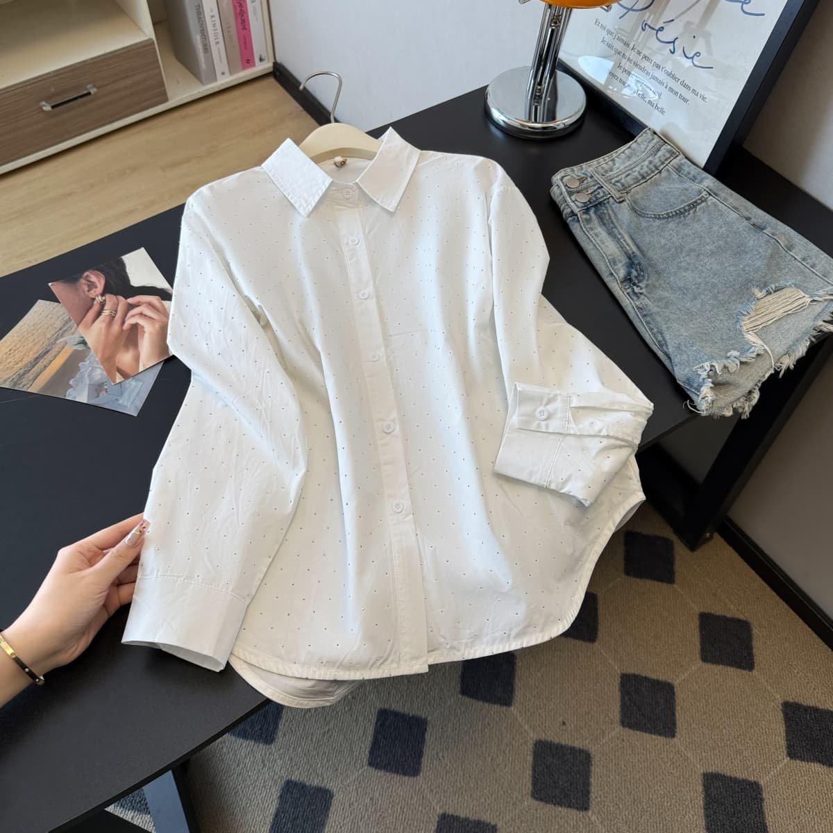 

Chic Rhinestone Polo Collar Shirt: Versatile, Age-Reducing & Stylish for Women 3XL брудно-білий