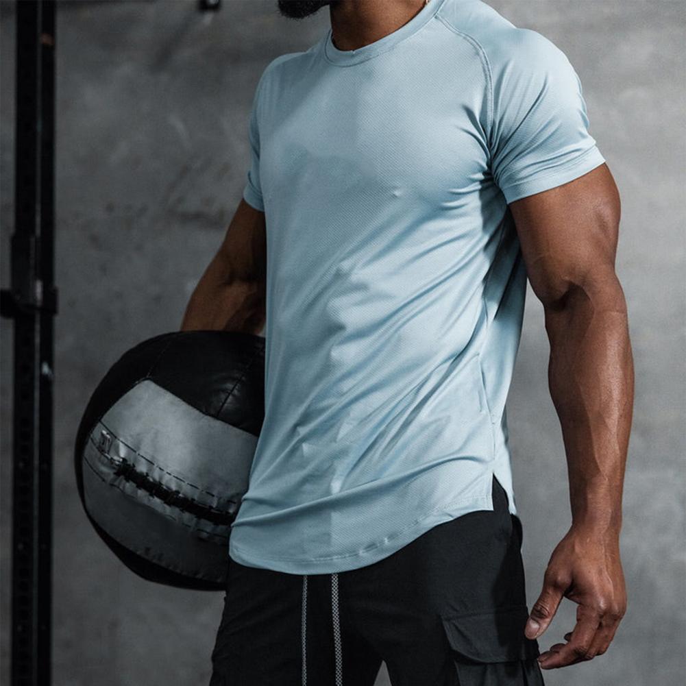 Summer Men T-shirt Round Neck Solid Color Mesh Short Sleeve Quick Dry Loose Elastic Pullover Casual Daily Wear Fitness Sport Top