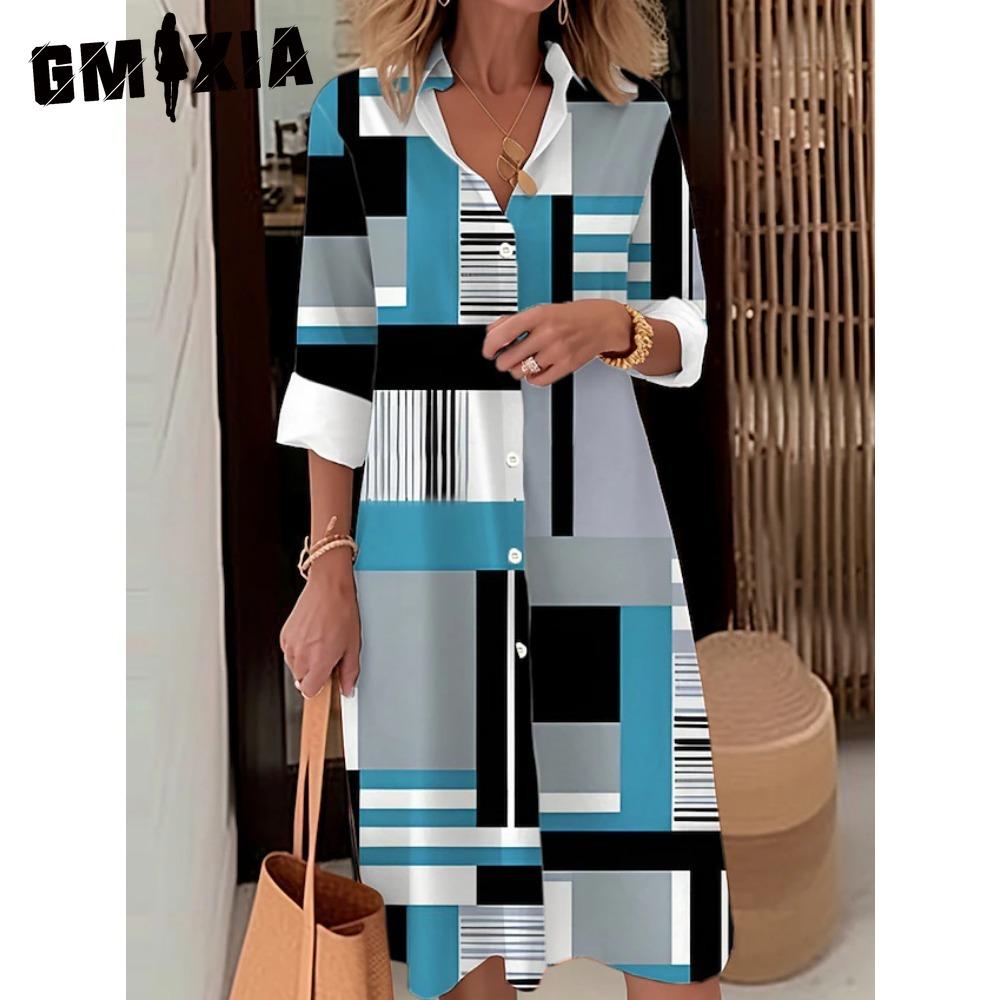 

GMXIA Женская Мода Весна Осень Цветной Блок Принт Длинный Рукав Воротник Поло Свободная Талия Повседневные Платья XXXL