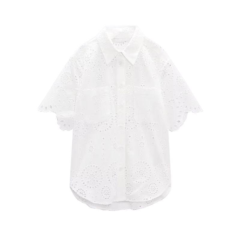 Spring New Polo Collar Short Sleeve Cut Out Embroider Shirt 7578101 White High-Waist Shorts 7575019