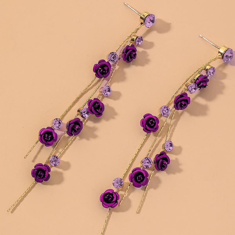 Purple Diamond Rose Flower Silver Needle Long Ethnic Tassel Earrings Elegant Earrings