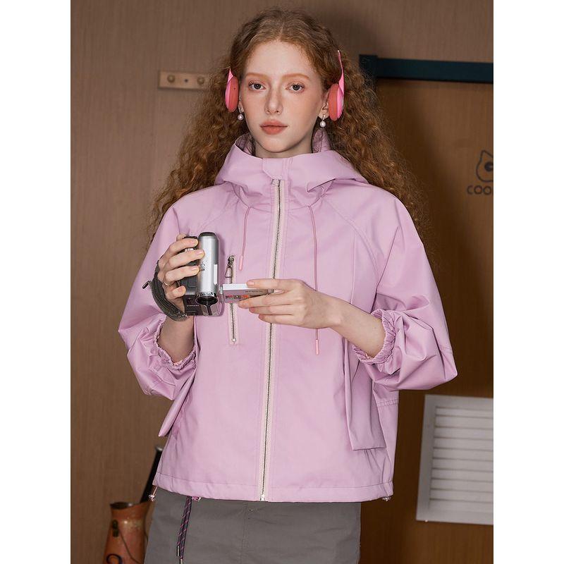 Coolhut Hooded Workwear Style Short Casual Loose 2026 Spring Women's Jacket Slimming Solid Color Drawstring