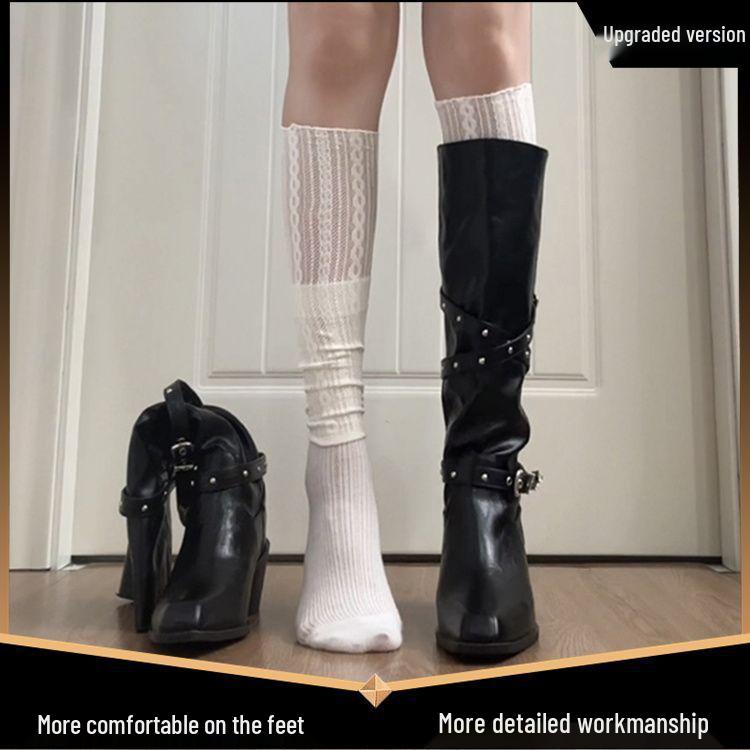 Damen Overknee Cowboy Stiefel mit Blockabsatz, Nieten und Schnalle, spitze Zehenpartie