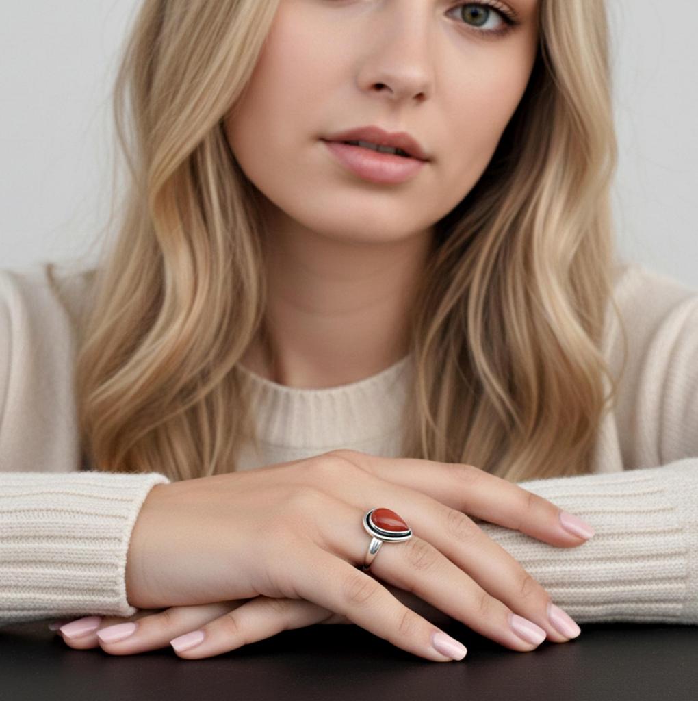 Ring mit rotem Korallen im Birnenschliff, 925 Sterlingsilber, Schlichter Alltagsschmuck für Frauen