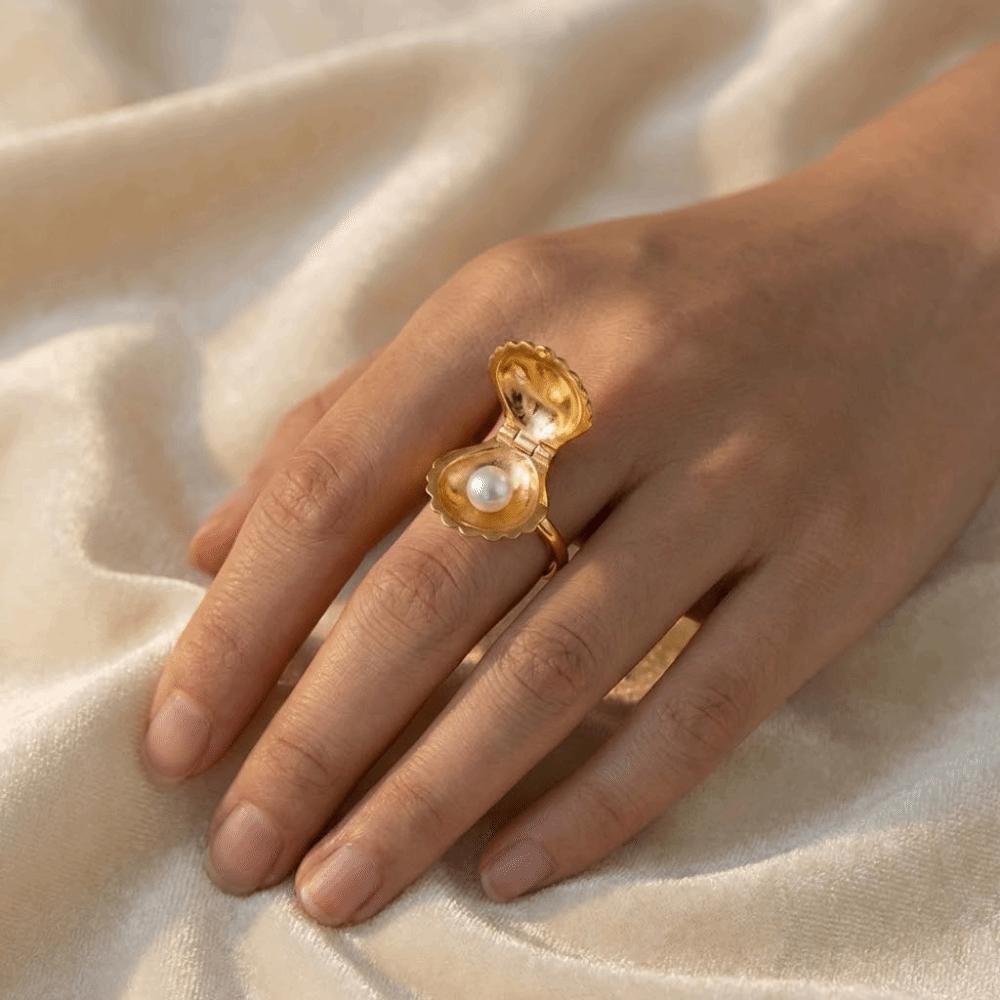 Exquisite Shell Finger Ring Surprise Open-and-close Ring Trendy Artificial Pearl Ring  Hipster