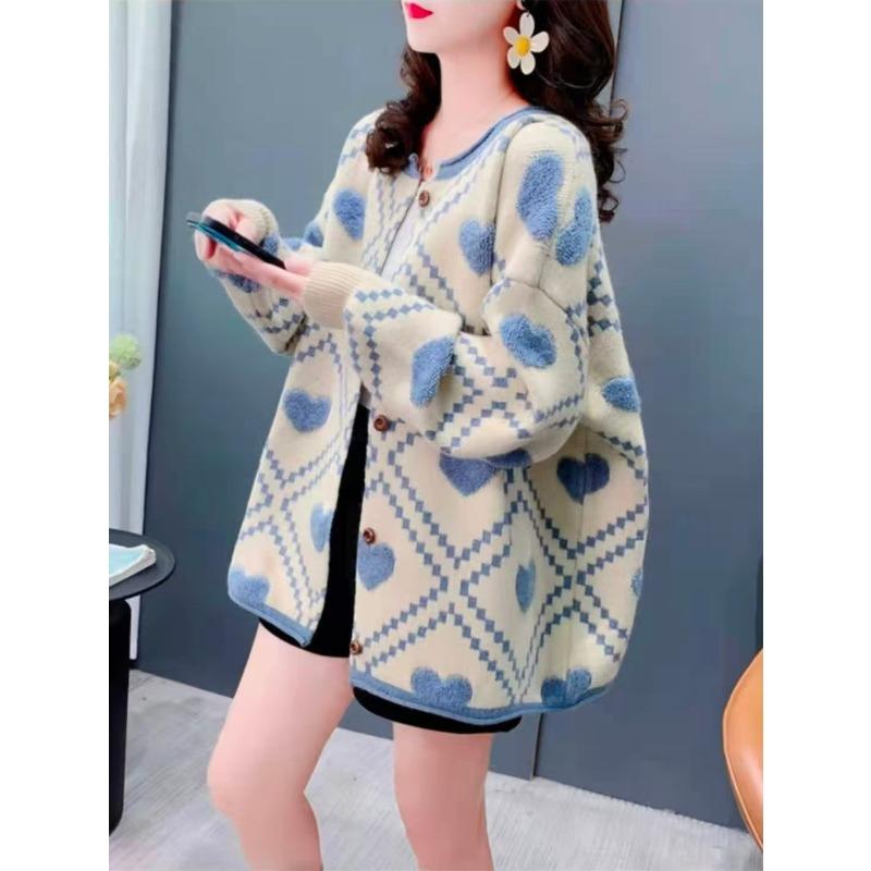 Gentle Wind Soft Waxy Love Crew Neck Sweater Cardigan Women's New Autumn Loose Sweet Knitted Coat Top