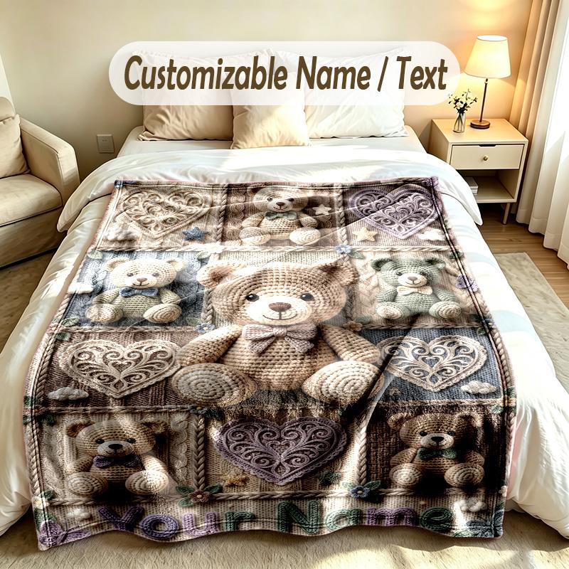 שמיכת פליז רכה וחמה מותאמת אישית עם הדפס דובון, שם וטקסט אישיים, קישוט לבית