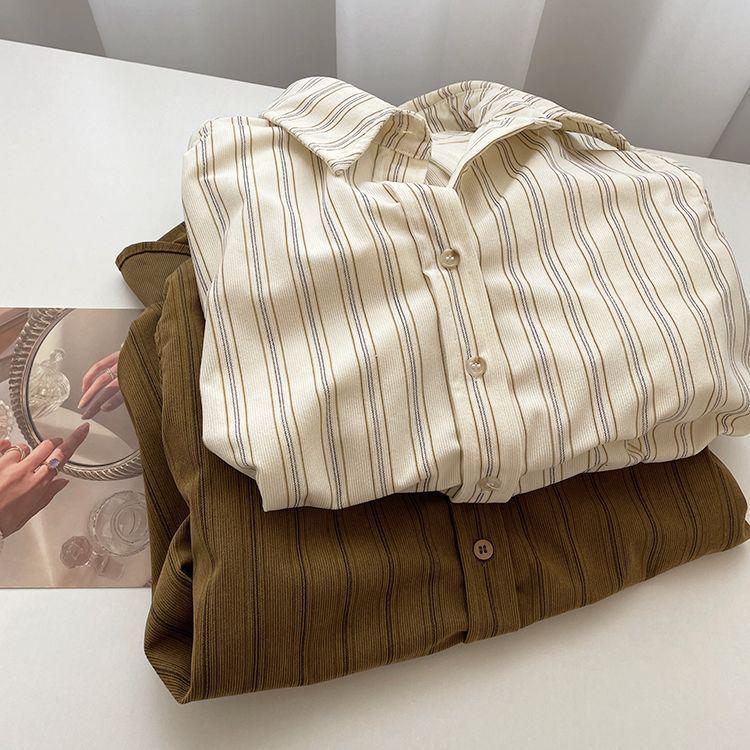 Damen Herbst Retro Kaffee Cord Pinstripe Kragen Langarm Lagenhemd