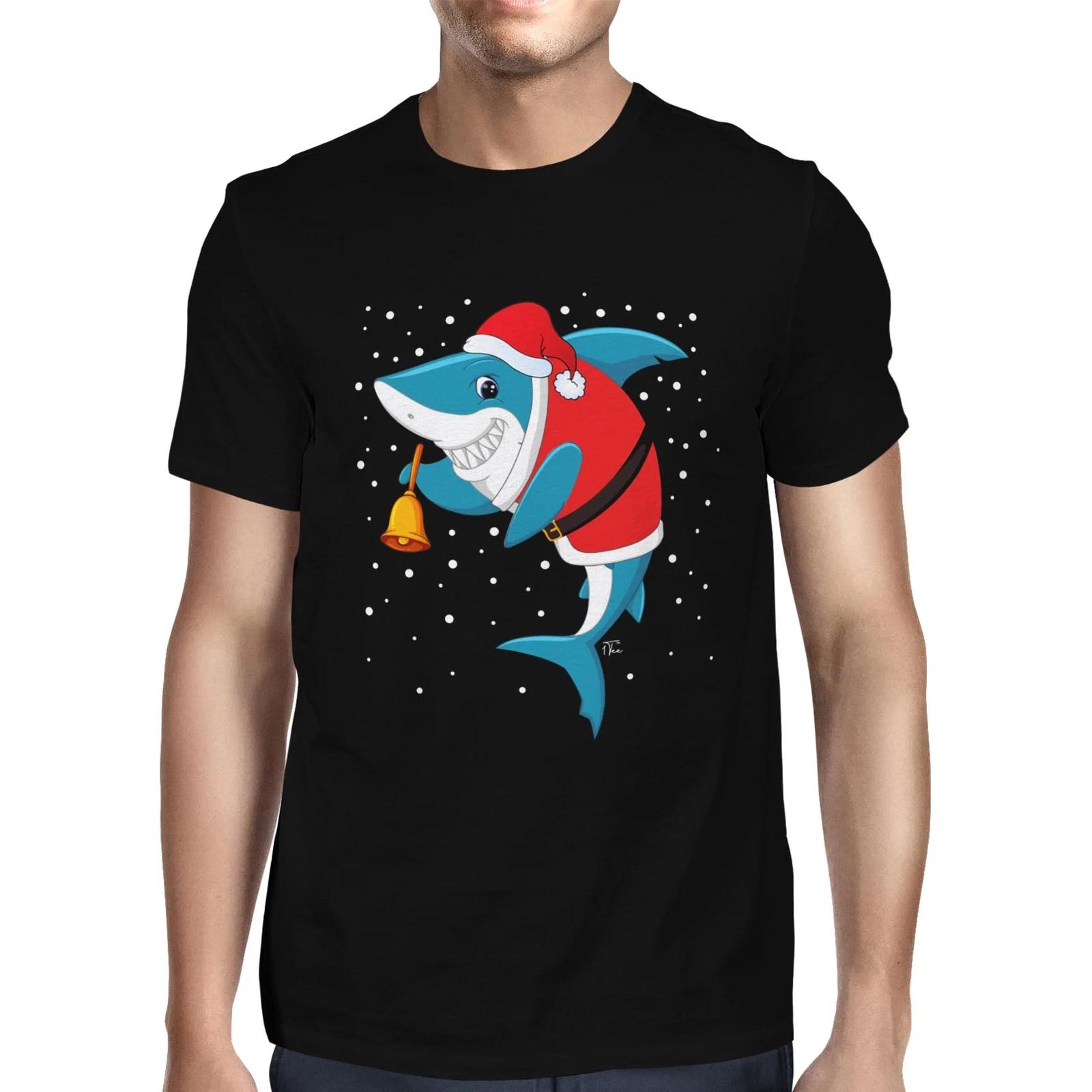 1Tee Mens Happy Christmas Shark Ringing a Bell T-Shirt S