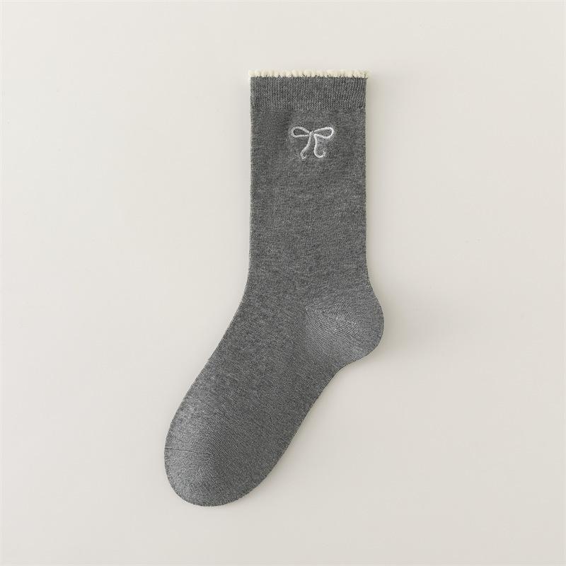 

Женские весенне-осенние носки-трубы без косточек, все удобные, с милым бантом и кружевом 1 pair серый