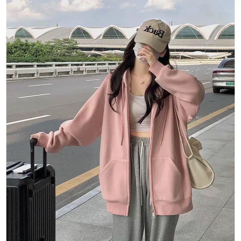 Burgundy Retro Fleece-Lined Hooded Cardigan - Petite Loose Fit for Spring/Autumn