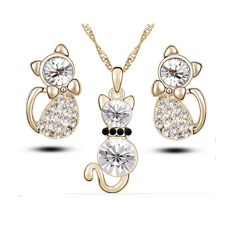 Good Cat Crystal Stud Earrings Necklace Set