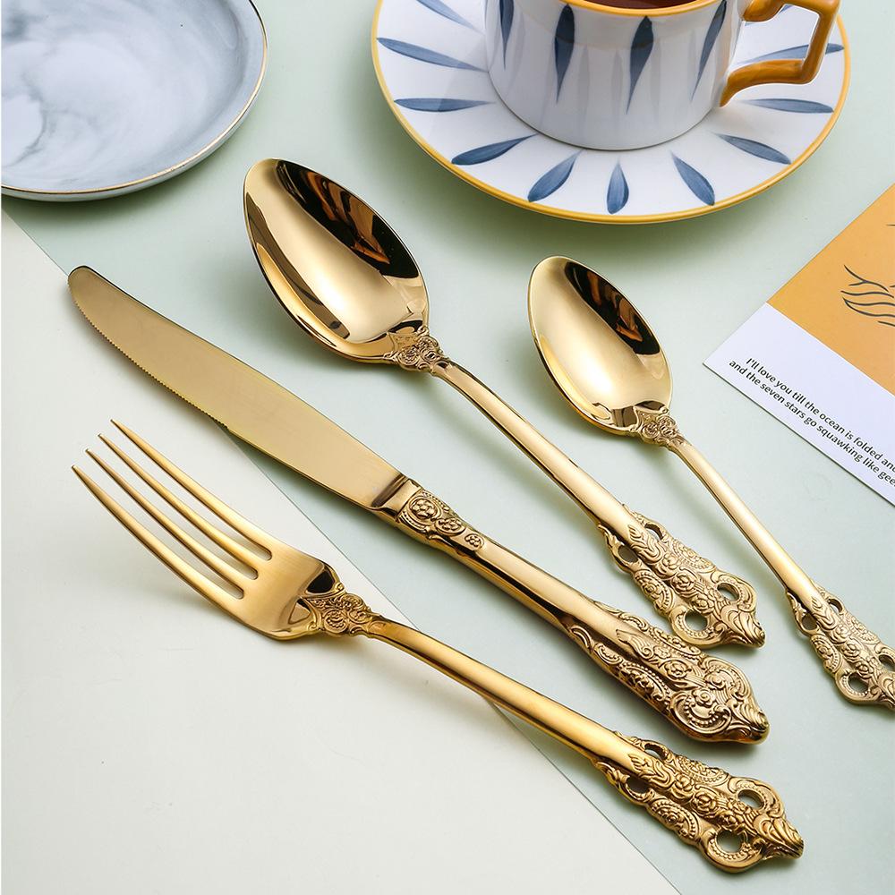 J Stainless Steel Retro Relief Tableware Western Knife Fork and Spoon Set European Steak Knife Fork Meal Spoon Dessert Spoon and Fork
