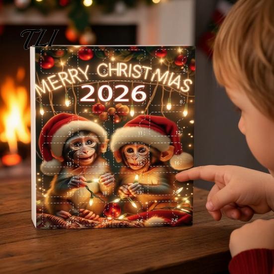 Holiday Box Christmas Monkey Advent Calendar, 24 Days Countdown Calendar with 2D Acrylic Collectible Figurine Ornament, Funny Animal Xmas Tree Hanging
