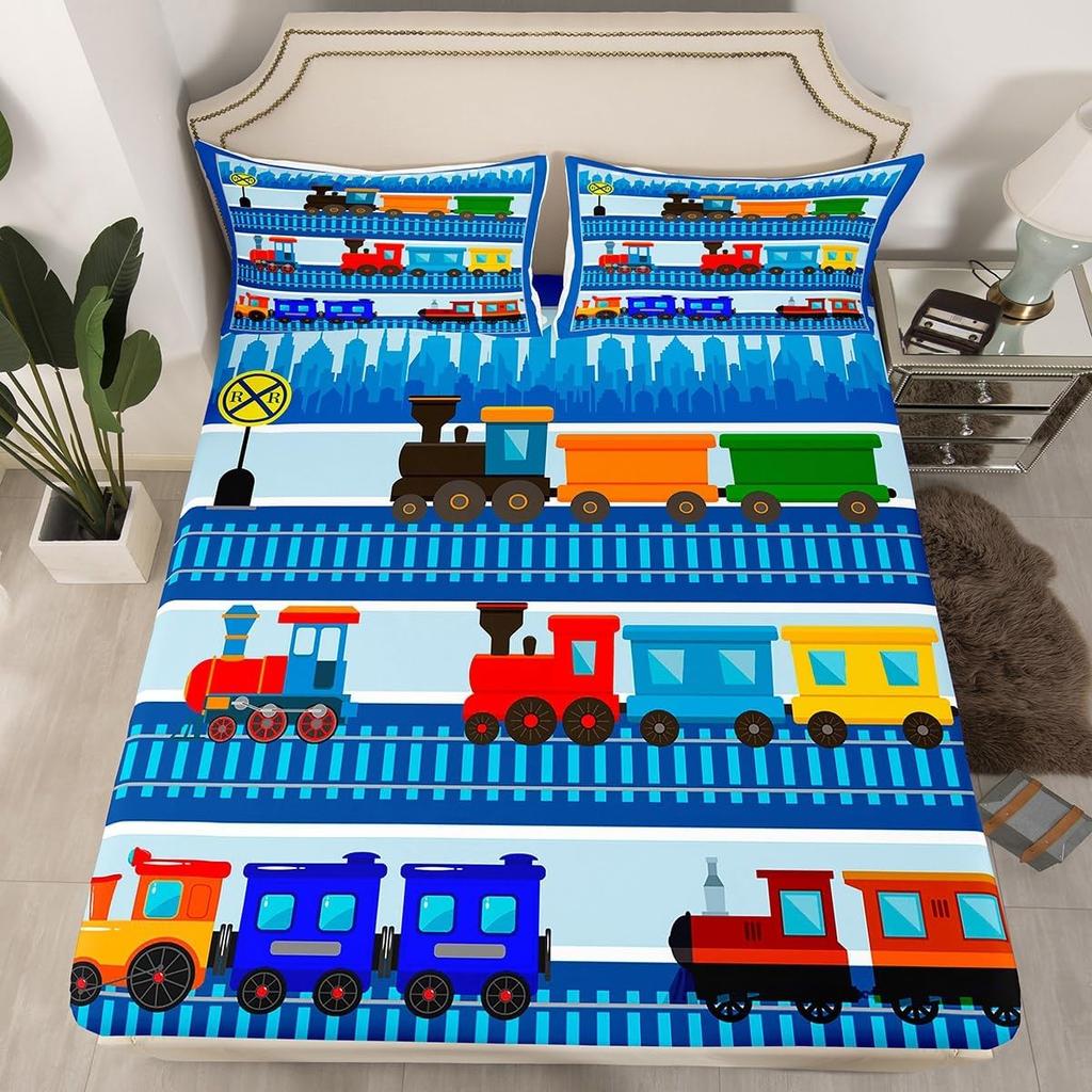 Vintage Prostěradlo s vlakem, Kreslené prostěradlo s vlakovým vagonem pro teenagery, dospělé, dekorace ložnice, Přehoz na postel s vlakem a povlak na polštář 75*50cm