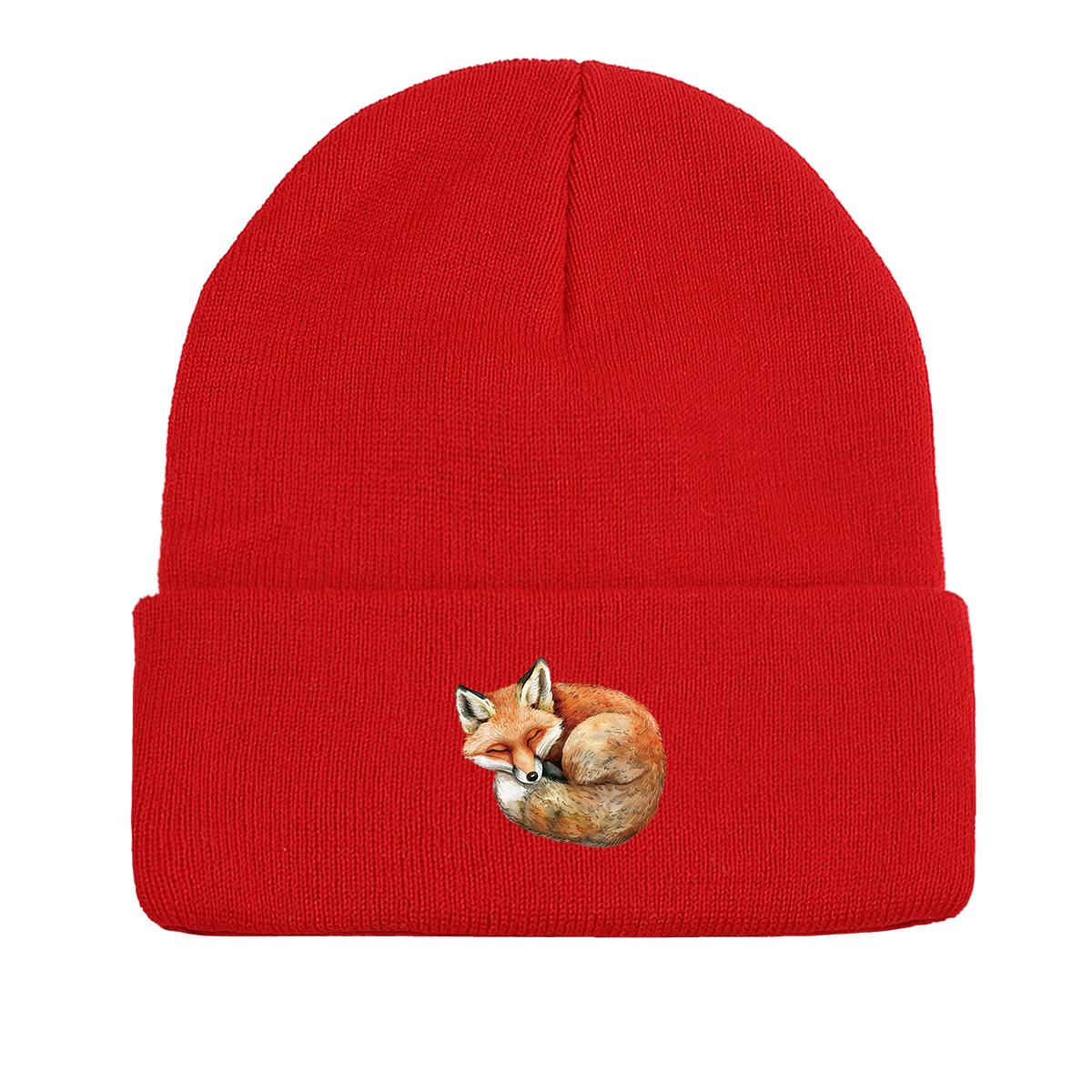 

Curl Up Fox Winter Knitted Cap Beanie, Animal Man Cap Thermal Lightweight Stylish Gorro Knit Hat Beanie as the picture красный