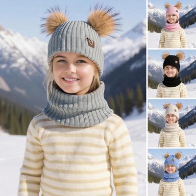 3ks/Sada Dětská Zimní Čepice Šála Rukavice Set Plyšová Podšívka Nadýchaná Bambule Dekorace Pletená Čepice Nákrčník Rukavice Set