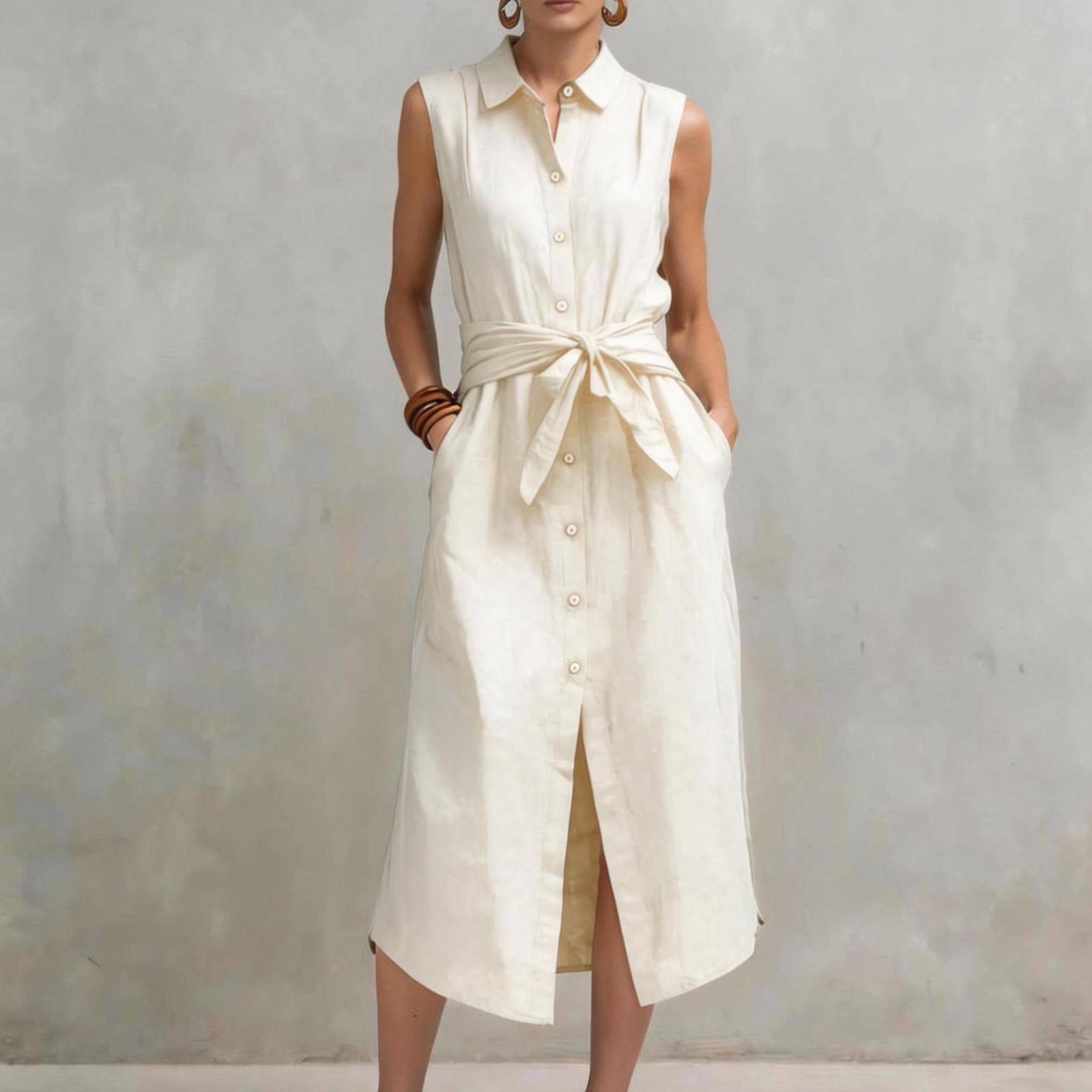 

Women s Color Button Casual Cotton And Linen Sleeveless Dress XL білий