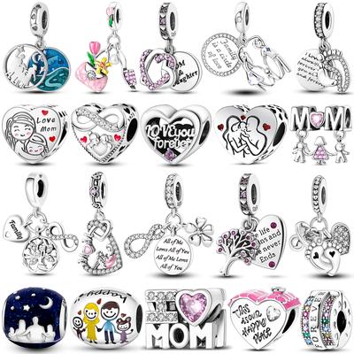 925 Silver Mother's Gift Charm Bead Mom Love Happy Family Dangle Fit Original Bangle Bracelet Necklace DIY Jewelry