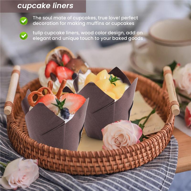 ABWR-50 Pcs Tulip Cupcake Liners,Tulip Baking Paper Cupcake & Muffin Liners Unbleached Baking Cups Cupcake Brown Durable Easy To