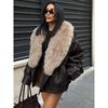 Winter Damen Lockere Kunstlederjacke Mode Abnehmbarer Großer Pelzkragen Lässiger Mantel High Street Zweireihig Oberbekleidung