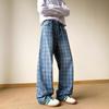 Blue Plaid Pants Men's Summer Thin Wide-leg Jeans American Vibe Non-stick Leg Straight Micro-pull Pants