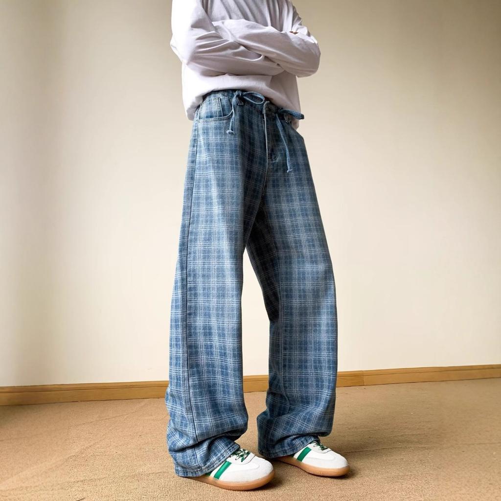 Blue Plaid Pants Men's Summer Thin Wide-leg Jeans American Vibe Non-stick Leg Straight Micro-pull Pants