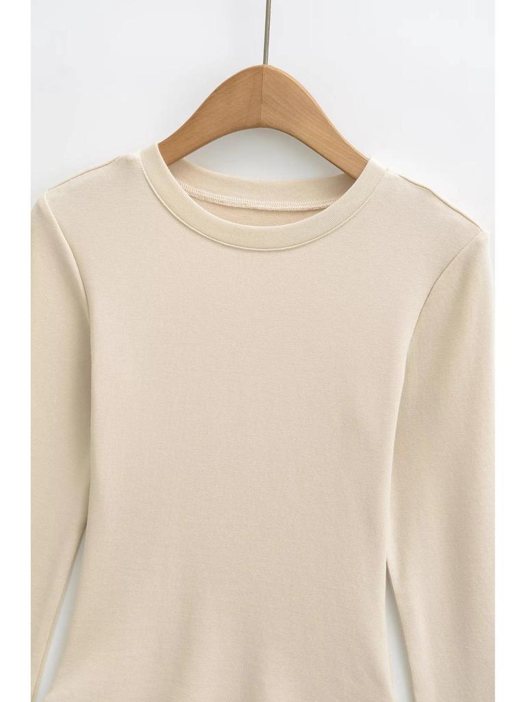Women's Spicy Girl Round Neck Long Sleeve Yoga Tee - Slim Fit, Solid Color, Elastic Base Layer
