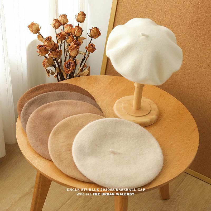 Autumn and Winter Wool Berets for Girls Artistic and Retro Versatile Painter Hats Solid Color Flower Bud Hats