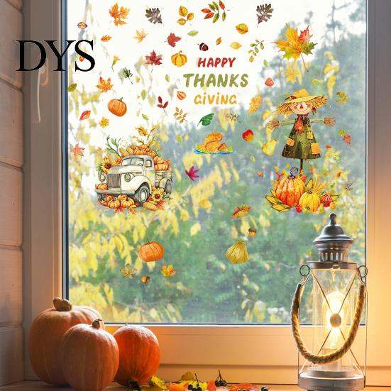 Holiday Party Supplies 4 Sheets Autumn Harvest Static Window Stickers, Maple Leaves Pumpkins Scarecrow Pickup Truck Reusable Glass Stickers