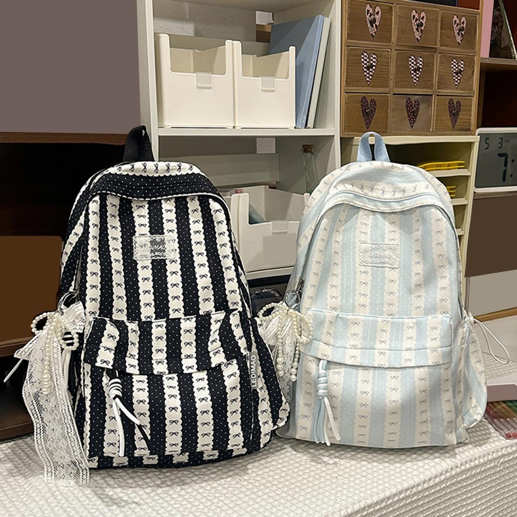 Nylon Bow Printed Lightweight Travel Bag Large Capacity Aesthetic Daypack Bow Rucksack Multi-pocket for Teens Girls Students