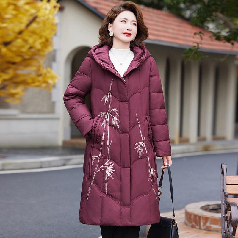 2025 Bestickter Kapuzen-Baumwollmantel Überknie - Winterstil für Mittelalte und Ältere