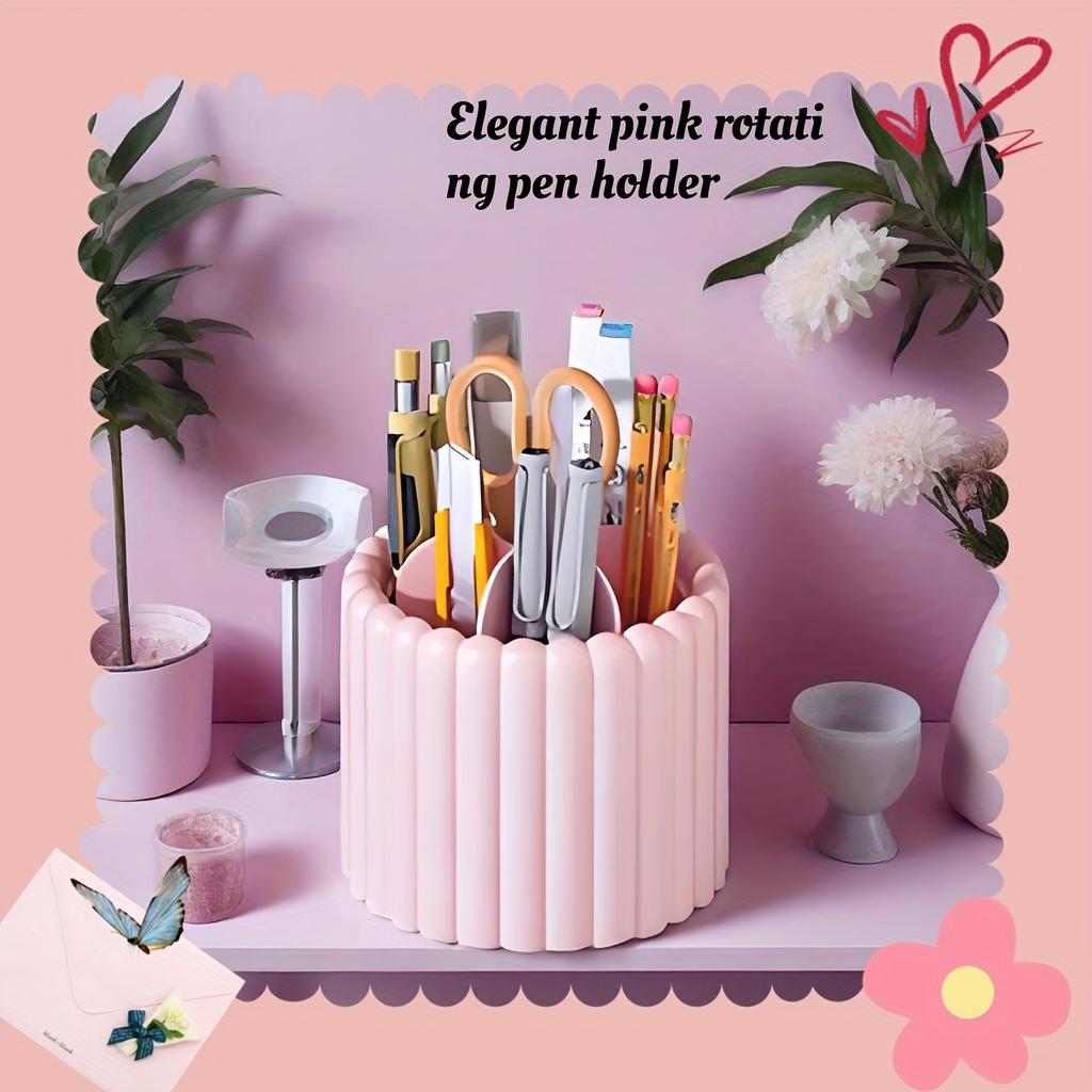 1pc 360° Rotating Desk Organizer,Plastic Pencil Holder, Multi-Functional Office Supplies Storage for Makeup Brushes and Lipsticks, Home and School Use