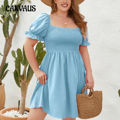 Summer Women's Dress Plus Size Solid Color Casual Vacation Dresses Travel Square Neck Range Bubble Sleeve Dresses