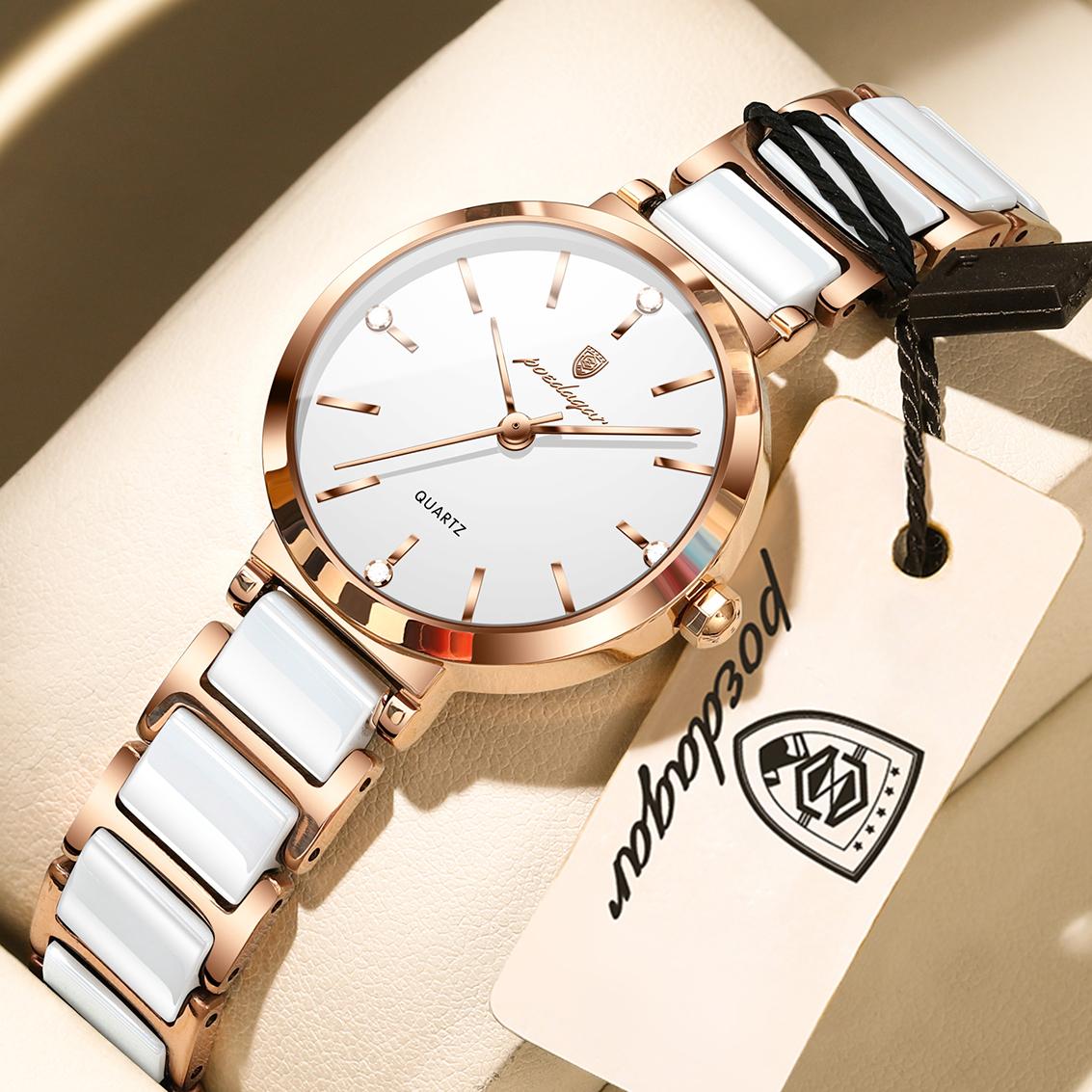 

POEDAGAR Top Diamond Luxury Watch For Woman High Quality Waterproof Ladies Quartz Watch Stainless Steel Watches Female+Box рожевий колір золота/білий