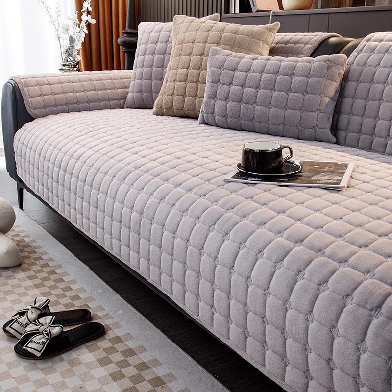 Flannel Plaid Sofa Cushion Winter Light Luxury High-End Plush Seat Cushion Simple Versatile Leather Sofa Cover Cross-Border