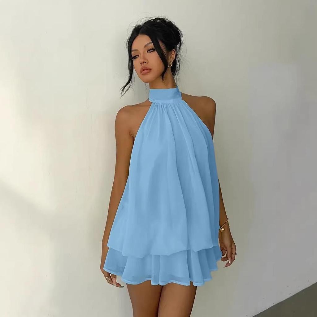 Europäisches & Amerikanisches Urlaubs-Schmal geschnittenes rückenfreies Neckholder-Top & Flauschiges Rock-Kleid für Damen