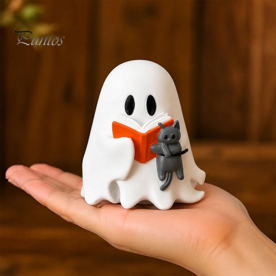Halloween Shelf Decor Ghost Figurine, Cute Reading Statue, Ornament with Party Table Centerpiece Pumpkin Bucket, Skeleton Puppy Tabletop for
