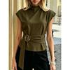 High Neck Sleeveless Metal Buckle Belt Waist Cinching Slim Fit Commuter Blouse