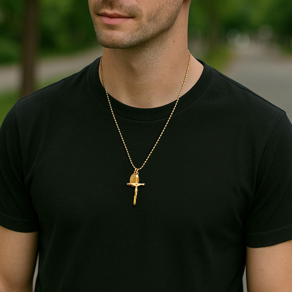 Catholic Cross Necklace for Men Boys,Gold Plated Stainless Steel Virgin Mary Prayer Necklace, Religious Faith Jewelry Gift