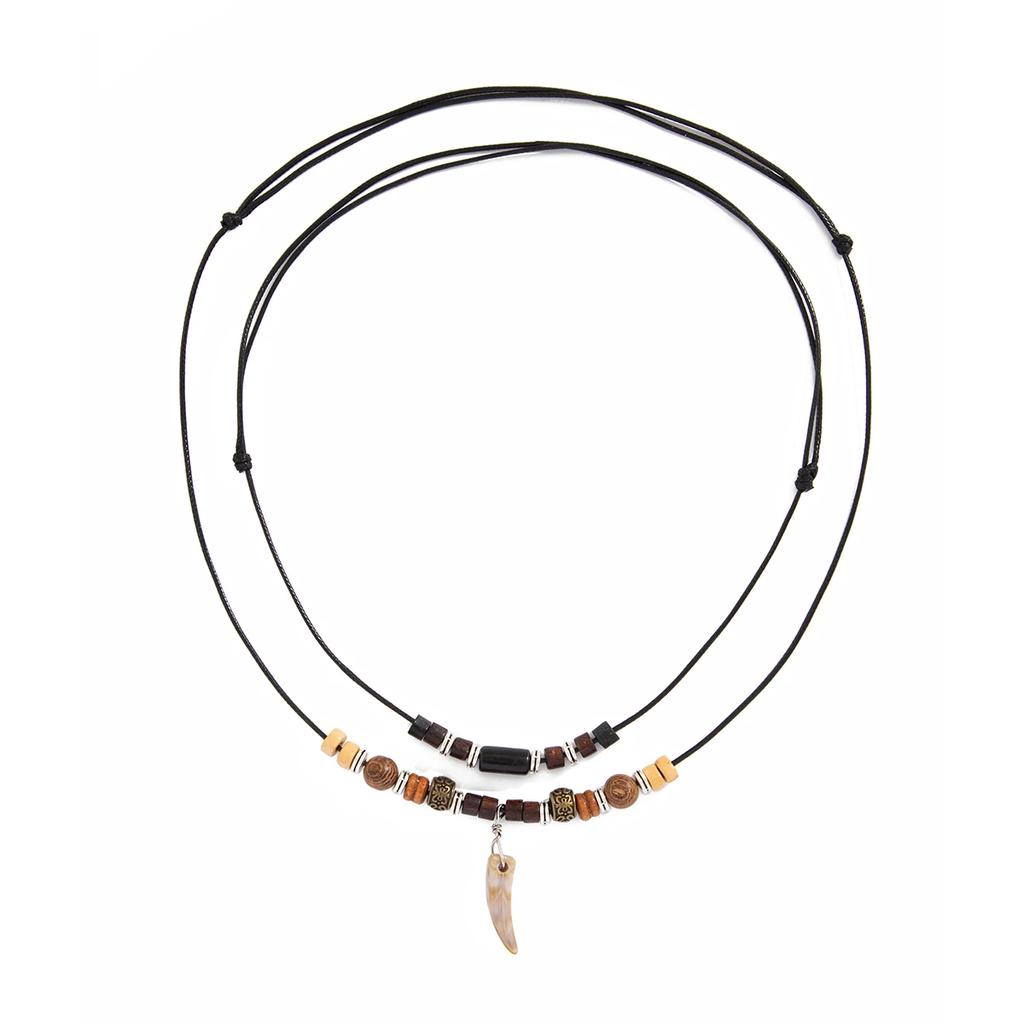 New 2Pcs/Set Ethnic Adjustable Wax Thread Rope Chain Necklace Men Trend Vintage Wolf Tooth Pendant Choker Male Neck Jewelry