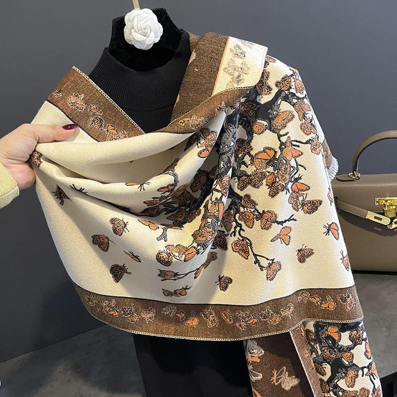 Autumn and Winter New Korean Style All Match Imitation Cashmere Scarf for Women with Butterfly Flying Print Thickened Warm Shawl and Scarf