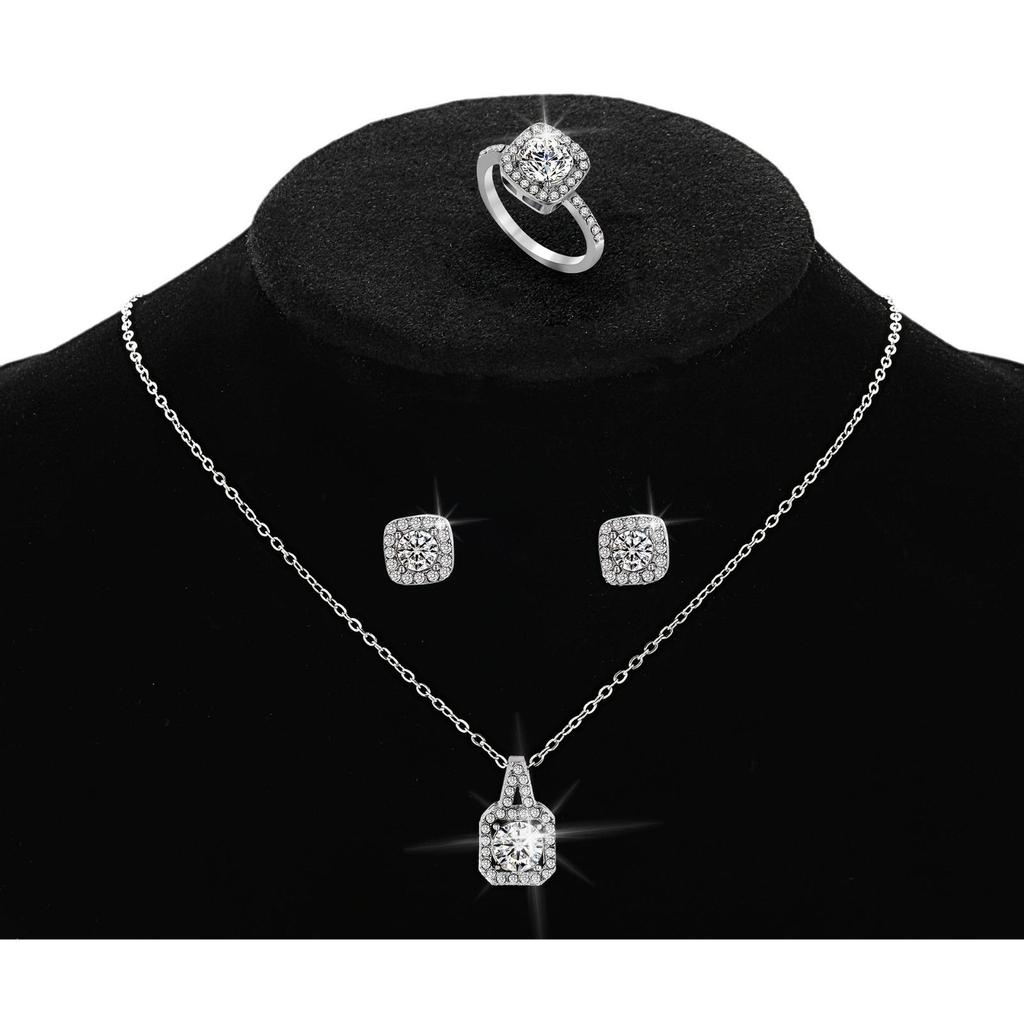Stylish Zircon Jewelry Set: Square Cut Pendant Necklace, Stud Earrings, and Ring
