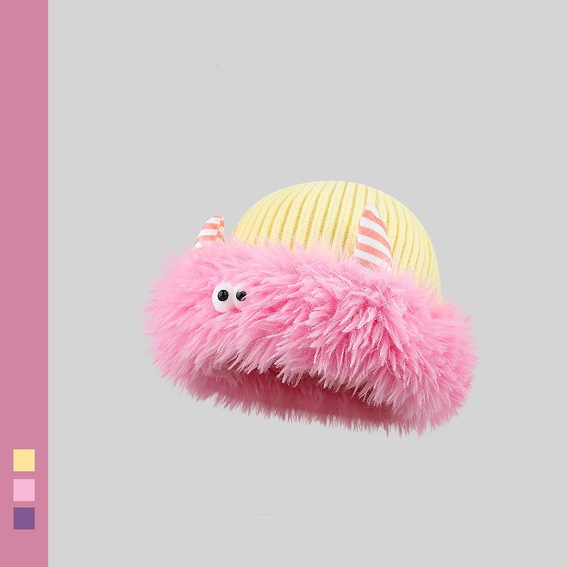 Cute and funny plush knitted hat children keep warm in winter new little monster horn ear protector hat shows small face