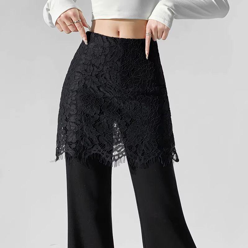 Lace Patchwork Two-Piece Look Micro-Flare Pants for Women - Black High-Waisted Slimming Body-Shaping Trousers, Spring 2026 Arrival