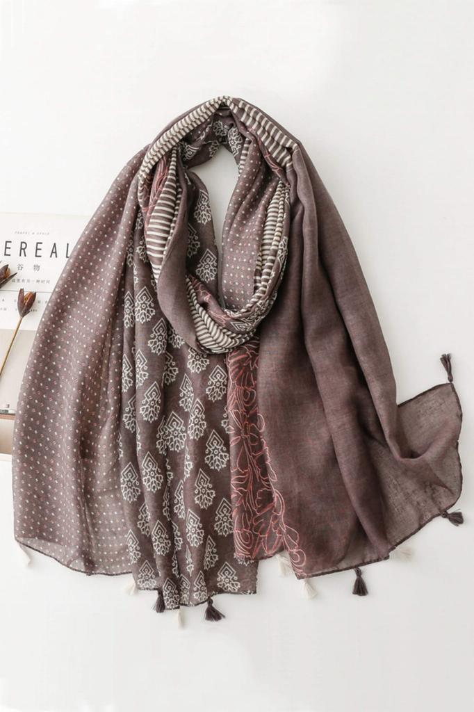 Brown Scarf with Floral Print and Stripes 180X90 - Cotton with Viscose