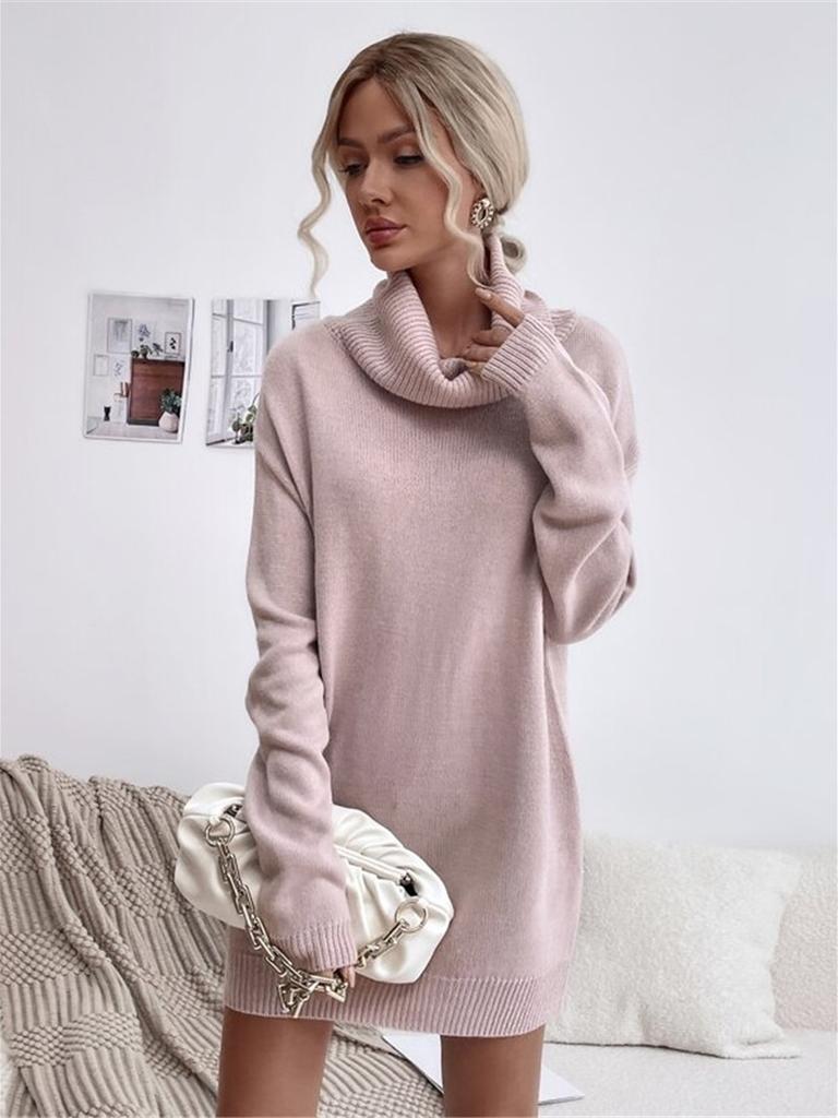 Autumn Winter New Solid Loose High Neck Knit Sweater Dress