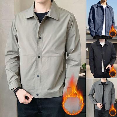 Men Jacket Lapel Long Sleeve Velvet Lining Button Closure Jacket Coat with Pockets Autumn Winter Solid Color Outwear